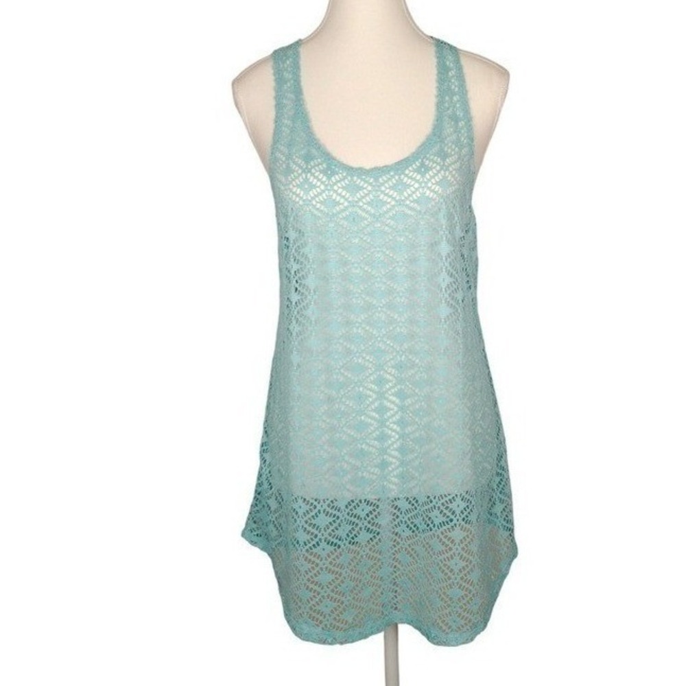 MIKEN Swim Aqua Blue Crochet Racerback Swim Cover Up Tank Top‎ Women M